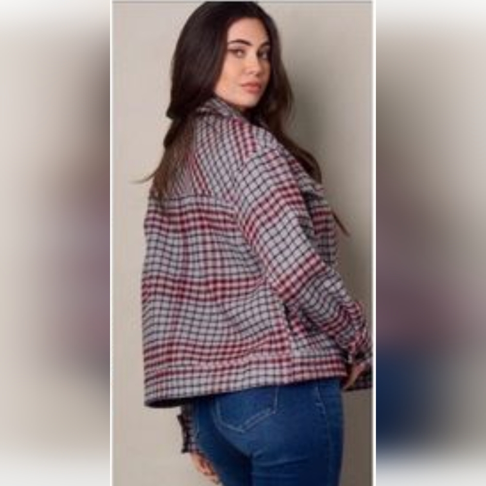 Plaid Button-Front Shacket Jacket - Red/Grey - Picture 3 of 12
